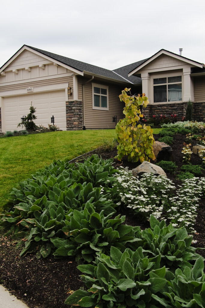 Craftsman house exterior with lush landscaping