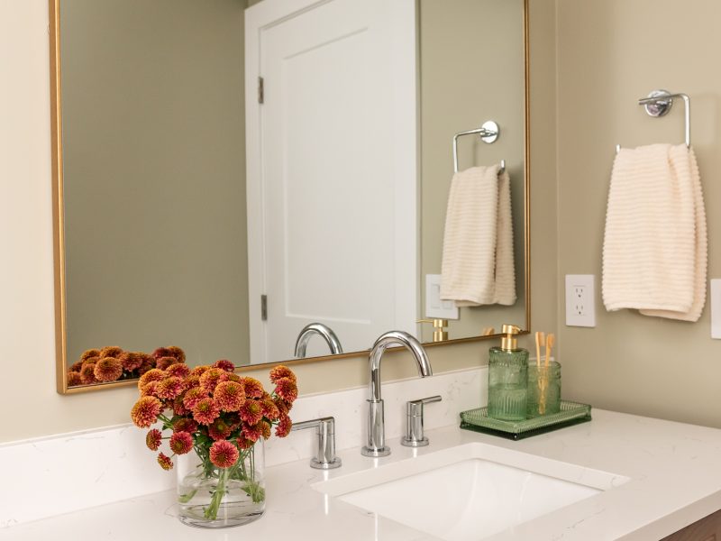 transitional kids bathroom, pops of colour, wood vanity