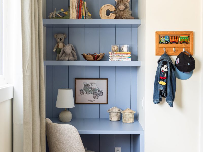 custom blue built in child's desk, shiplap detail