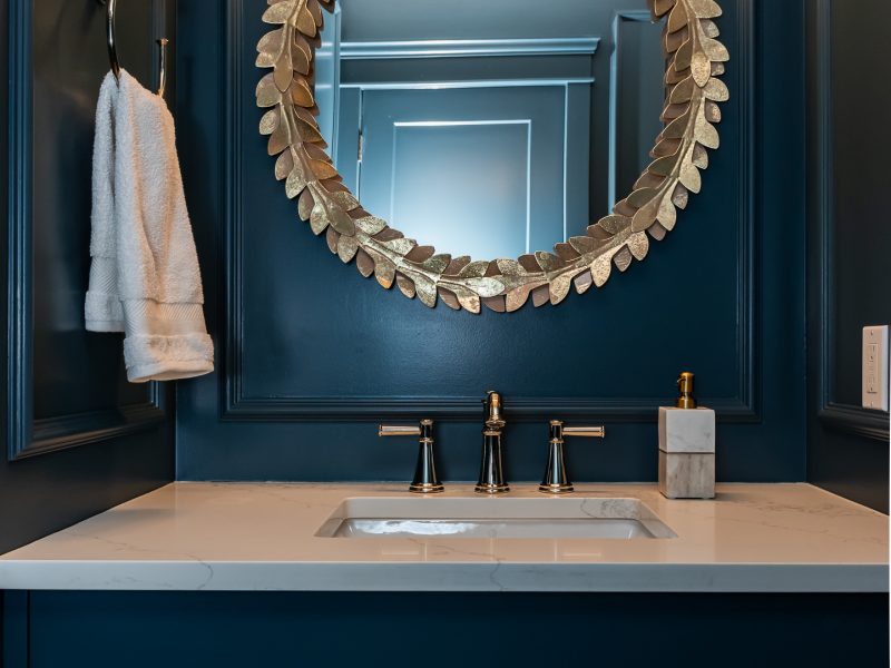 Moody colour drench Blue Powder Room with picture frame moulding