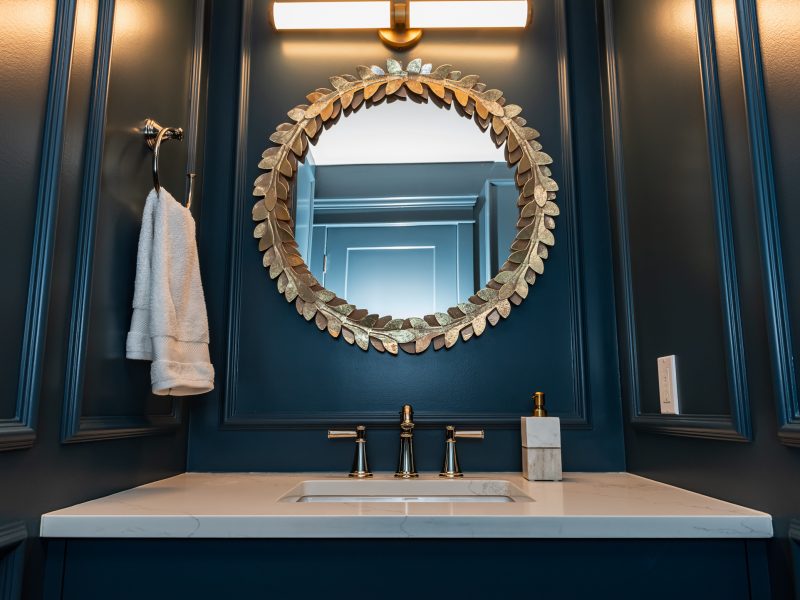 Moody colour drench Blue Powder Room with picture frame moulding