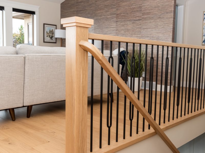 White oak railing with round black spindles