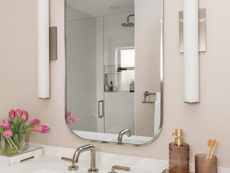 pink bathroom, white vanity