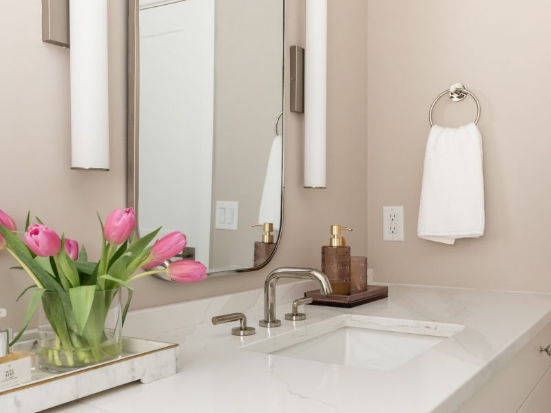 pink bathroom, white vanity