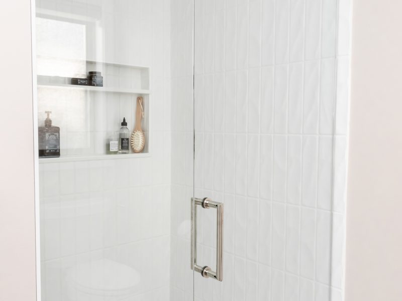 vertical textured subway tile shower