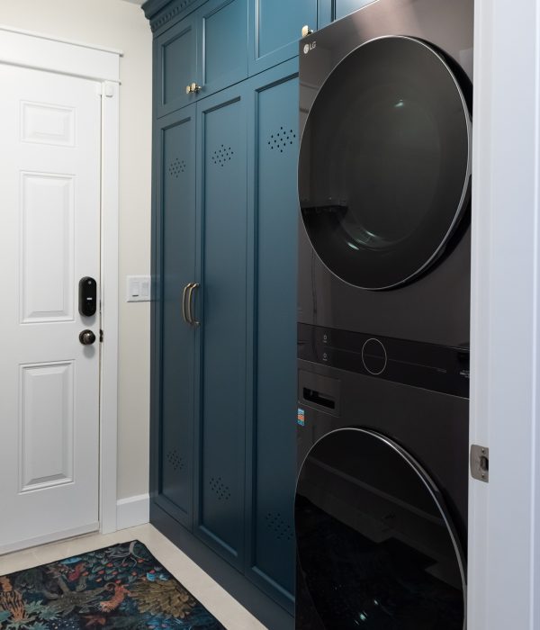 custom vent holes in cabinetry locker blue laundry mudroom combo
